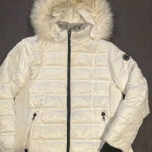 Women's White Puffer Jacket with Fur Hood